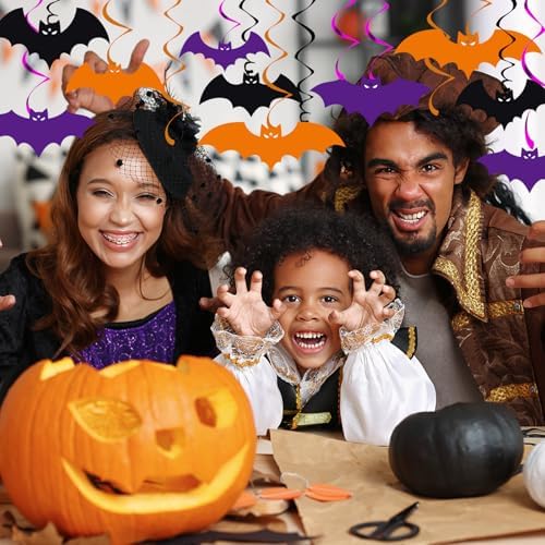 YQUQWN 46 PCS Halloween Bat Hanging Swirl Decorations Black Orange Purple Flying Vampire Bat Ceiling Decor for Kids Halloween Party Door Office Party Supplies