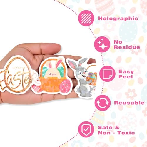 AOWDIAO 100 Pcs Easter Stickers - Holographic, Waterproof Vinyl Decals for Kids Crafts, Easter Egg Stuffers, Party Favors and Decorations