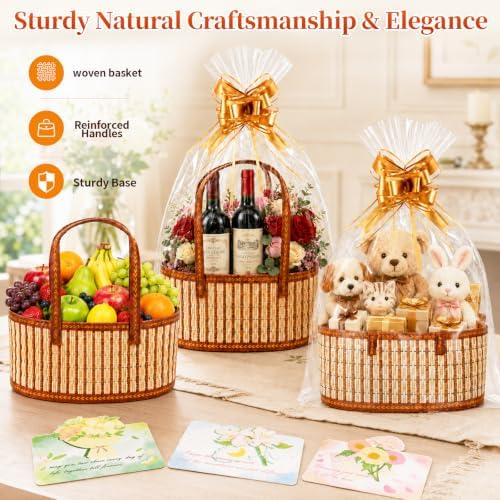 3 Pack Baskets for Gifts Empty, Large Bamboo Woven Gift Basket with Handles, Reusable DIY Gift Baskets Empty Kit with Wrap Bags, Pull Bows and Cards for Christmas, DIY Holiday, Birthday, Registry Gifts