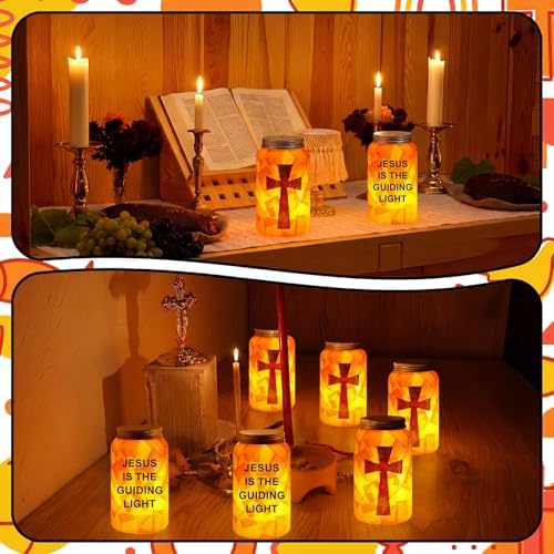 Qinyoung 12 Sets Religious Cross Crafts Jesus Lights The Way Mason Jars Tissue Paper Crafts with LED Candle Light Make Your Own VBS Mason Jars Decoration for Camping Sunday School Projects Activity