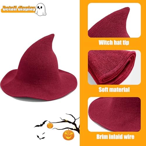 Leuceiy Witch Hat for Women, Wide Brim Foldable Wool Kintted Wizard Hats