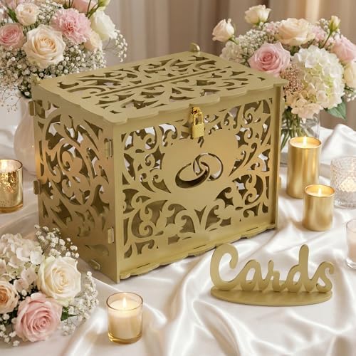 Jolik DIY Wedding Card Box with Lock, Large Money Box Holder with Card Sign for Wedding Reception, Gift Card & Envelope Storage, Anniversary & Birthday Party Decoration (Gold)
