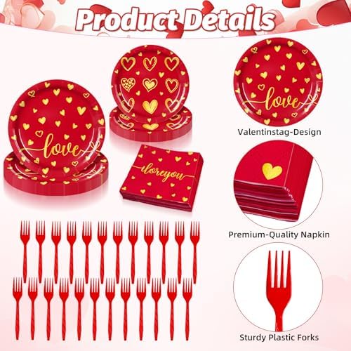 96 Pieces Valentine’s Day Love Tableware Set – Red and Gold Heart Disposable Plates, Napkins, and Forks for Romantic Dinners, Wedding, Anniversaries, and Valentine Celebrations – Serves 24 Guests