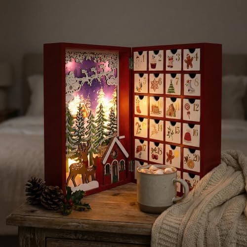 Lighted Wooden Christmas Advent Calendar Book, 24 Drawers