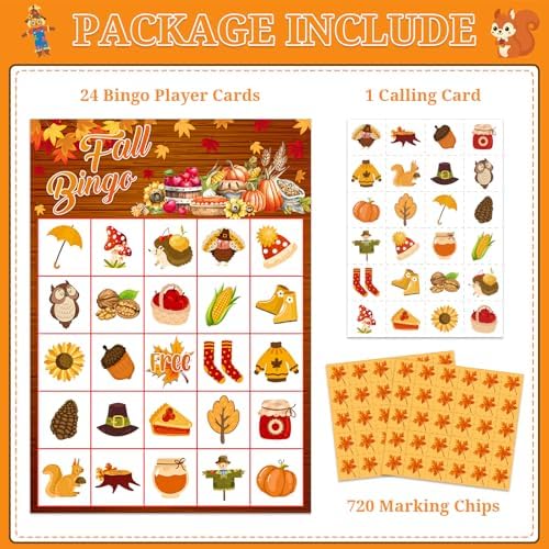 Fall Bingo Game Cards - 24 Players Fall Festival Party Games Autumn Bingo Cards Thanksgiving Party Supplies for School Classroom Family Activities