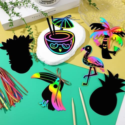 JULMELON 36PCS Luau Crafts for Kids, Rainbow Scratch Art Hawaiian Party