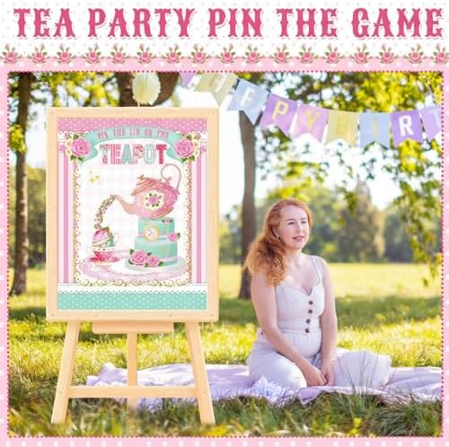 Faccito Tea Party Games Pin The Lid on The Teapot with 24 Lid Stickers Pink Blindfold Floral Poster Pin Games Set Birthday Decorations for Women Let's Par Tea Birthday Party Activity Supplies