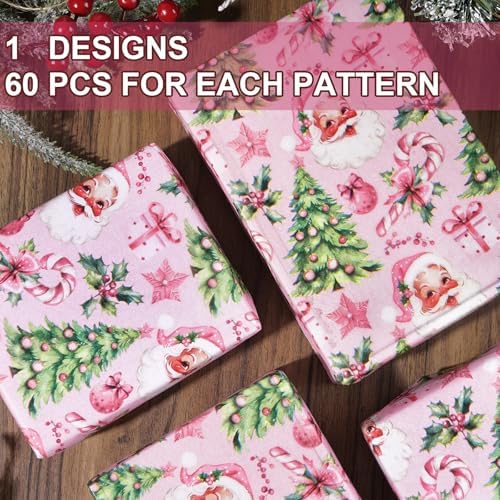 JarThenaAMCS 60 Sheets Christmas Tissue Paper Pink Santa Art Tissue Xmas Tree Candy Cane Gift Wrapping Paper for DIY Arts Crafts Xmas Holiday Birthday Party, 14 x 20 Inch