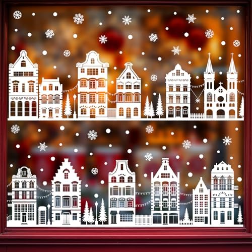 78" Christmas Window Clings Stickers White Winter House Snowflake Christmas Tree Xmas Window Decals for Holiday Party Home Office Shop Glass Display Decoration