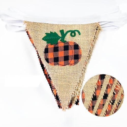 24Ft Burlap Banner - Fall Pumpkin Plaid Pennant Triangle Flag Garland Streamers - Fireplace Decor for Thanksgiving Day, Rustic Autumn Birthday Parties