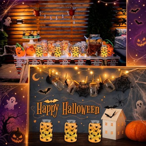 Qinyoung 12 Pcs Halloween Spiderweb Craft Spiders Mason Jars with LED Light