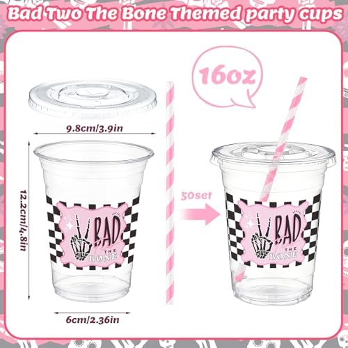 FillTouch 50 Pcs Halloween Bad Two The Bone Plastic Cups with Lids Straws