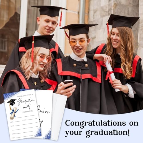 Blue Glitter Graduation Invitations 2026 with Envelopes - 20 Pack Class of 2026 Graduation Party Invitations, 4x6 Inch Fill-in Graduation Announcements for High School or College - A03