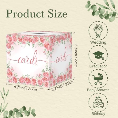 Watercolor Pink Rose Wedding Card Box, Paperboard 8.7" Gift Card Holder for Graduation Birthday Party Reception Retirement Anniversary Bridal & Baby Shower
