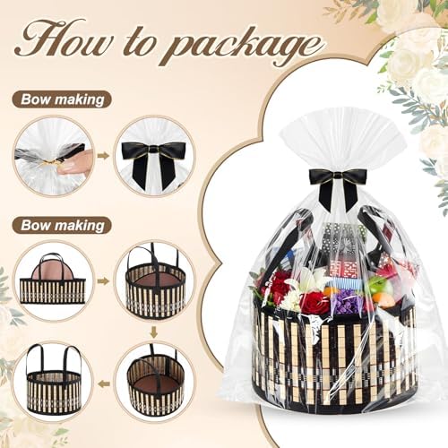Weysat 6 Set Baskets for Gifts Empty Bulk, Large Woven Bamboo Gift Basket Kit with Handles, Bow, Wrap Bag to Fill for Raffle Thanksgiving Day Wedding Birthdays Party Wrapping (Black)