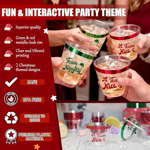 60Pcs Naughty or Nice Christmas Party Decorations Cups - 9Oz Naughty and Nice Christmas Red Green Disposable Plastic Drinking Cups for Xmas Wedding Thanksgiving Birthday Holiday Party Supplies