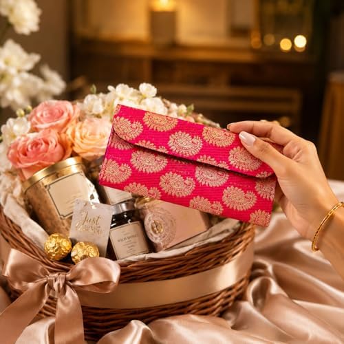 LoveNspire Brocade Fabric Money Envelopes (7.5 x 3.5 Inch) Decorative Paisley Pattern Shagun Lifafa for Indian Wedding, Birthday | Cash Gift Holder & Home Savings Organizer Magenta/Pack of 5