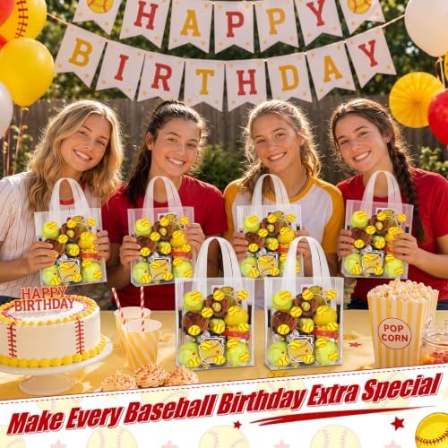 Pajean 12 Pcs Softball Plastic Gift Bags with Handles, 5.9 x 8.7 x 3.1 Inch Baseball Theme PE Treat Bags, Yellow Sport Candy Goodie Pouches for Classroom Exchange, Party Favor, Sports Event Supplies