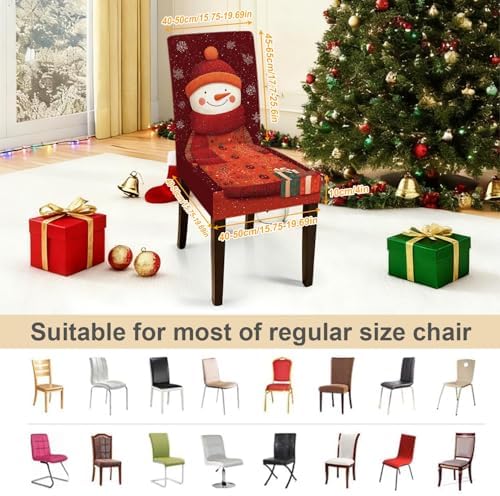 Christmas Chair Covers Set of 4, Snowman with Gifts Dining Chair Slipcovers, Stretchable Holiday Chair Protectors with Snowflakes