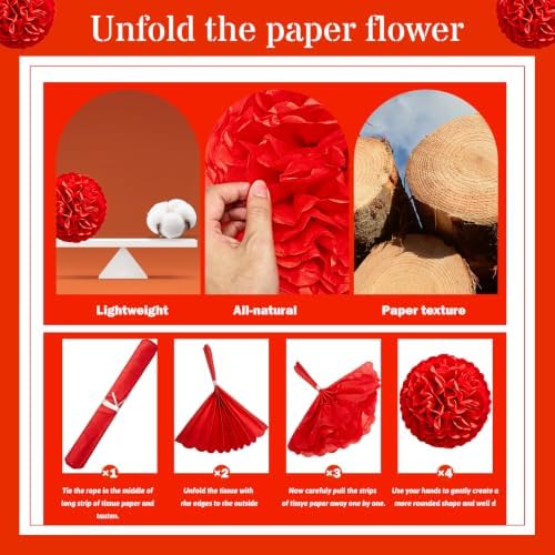 Recosis Red Party Decorations, 18 Pcs Paper Pom Poms Decorations