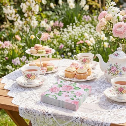Natnarr Pink Floral Paper Napkins, 50 Pack, 6.5 x 6.5 Inch