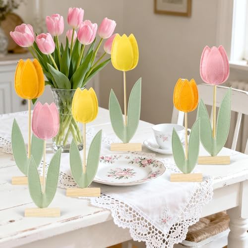Paper Jazz 6 Pcs Tulip Centerpiece for Table Spring Felt Tulip Decoration for Home Easter Tulips Flower Signs Floral Centerpieces for Mothers Day Easter Party Classroom Garden Party