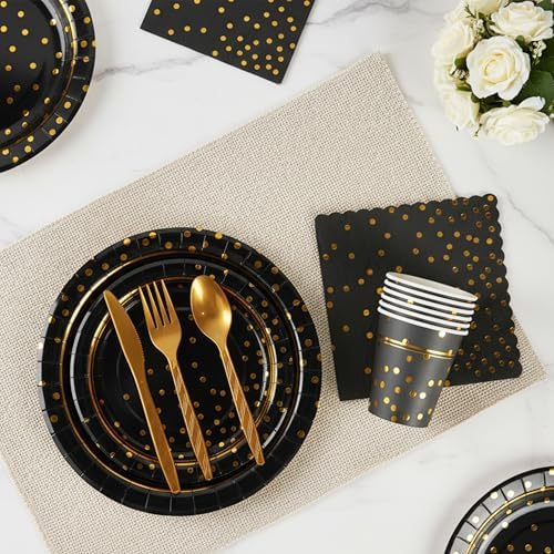 168Pcs Black and Gold Paper Plates and Napkins Party Supplies for 24 Guest