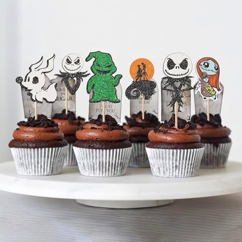 Rsstarxi 24 Pack Jack Skellington Halloween Cupcake Toppers Glitter Skull Ghost Cupcake Picks Decorations for Halloween Horrible Baby Shower Birthday Party Cake Decorations