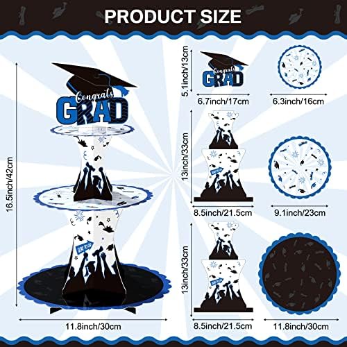 Nuenen Graduation Cupcake Holder Decoration 3 Tier Congrats Grad Party Cupcake Stand Tower Cardboard Grad Theme Dessert Stand for Graduation Party Supplies Favors(Blue and Black)