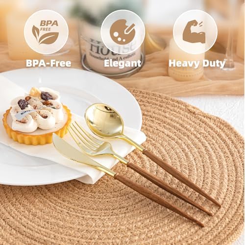 N9R 180PCS Gold Plastic Silverware, Disposable Wood Grain Utensils/Cutlery
