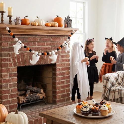 Whaline 6.6 Ft Halloween Theme Banner Different Expressions Cute Ghosts Banner Black White Orange Party Banner Felt Ball Garland for Halloween Haunted Houses Decors Doorways Home Mantel Suppliers