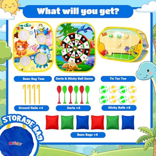 3 in 1 Bean Bag Toss Game for Kids, Dinosaur Cornhole Board with Magnetic Dart Board, Sticky Ball Tic Tac Toe, Outdoor Toys for Kids Ages 3-8, Backyard Beach Party Games Birthday Gifts for Boys Girls