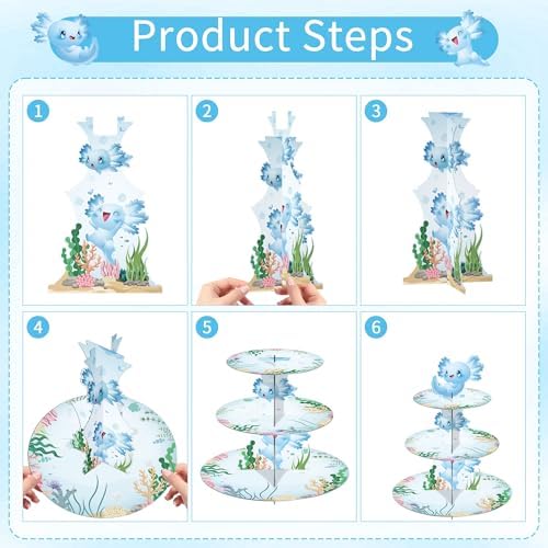 Axolotl Birthday Decorations Cupcake Stand, 3 Tier Cute Blue Cartoon Axolotl Cardboard Cupcake Display Stand Dessert Tower, Underwater Theme Party Supplies for Boys Girls