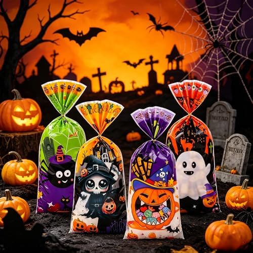 100 Pcs Halloween Cellophane Treat Bags - 5 x 11 Inch Halloween Goodie Bags with Gold Ties for Cookies, Snacks, Party Favors & Gift Packaging, 2.8 Mil Thick Plastic Spooky Season Candy Bag for Kids