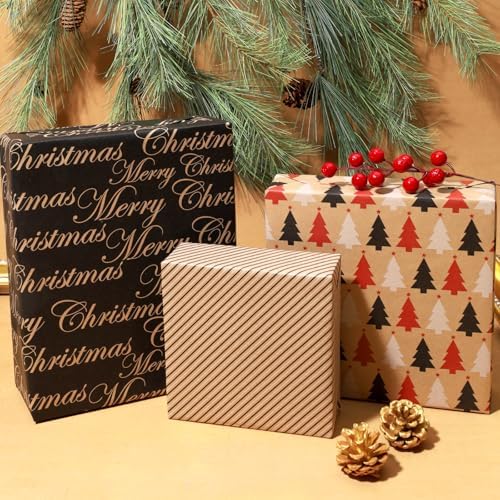 LaRibbons Kraft Christmas Wrapping Paper Set, Elegant Gift Wrap with Trees, Stripes & Merry Christmas, Black & Brown Holiday Paper with Cutlines for Xmas, Party Gifts, 17 inch x 10 ft -3 Rolls