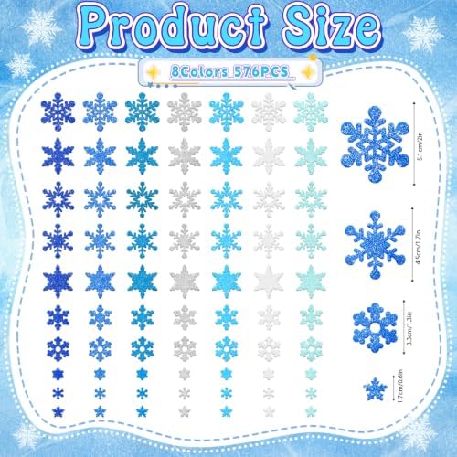 576 PCS Snowflake Foam Stickers, Glitter Winter Snowflake Stickers,8 Sheets