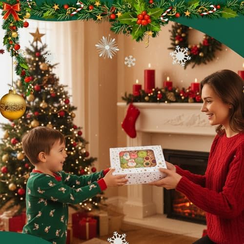 YEKTFS 12pcs Cookie Boxes with Window, 8.25x6x2.75in White Treat Boxes with Window Gold Foil Star Bakery Cake Boxes for Christmas Gift Giving Pastry Dessert Cupcakes Candy Donut Packaging