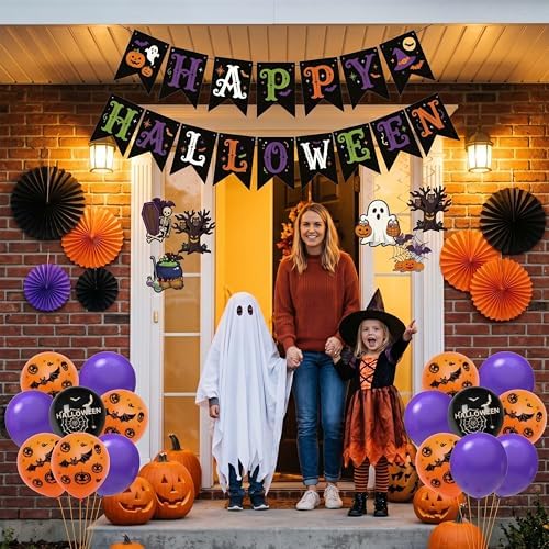 36 Pcs Halloween Party Decorations Indoor, Orange Purple Black Happy Halloween Banner Paper Fans Swirls and Printed Balloons, Spooky Room Wall Decor Supplies