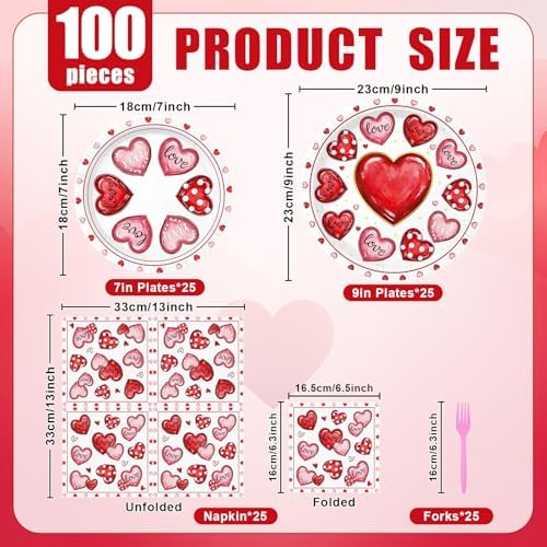 96 Pieces Valentine’s Day Tableware Set – Pink Red White Disposable Plates, Napkins, and Forks with Heart Designs for Valentine’s Parties, Weddings, and Romantic Celebrations – Serves 24 Guests