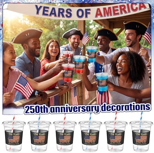 FillTouch 50 Pcs 250th 4th of July Cups USA Anniversary Party Supplies America Patriotic Red White Blue 250 Fourth of July Disposable Cups for Independence Day Items US Memorial Party Decoration