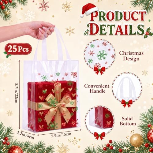 Pajean 25 Pcs Christmas Plastic Gift Bags with Handles, Snowflake Pouches
