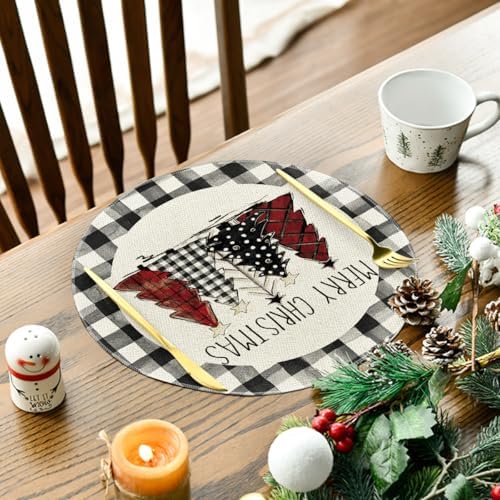Artoid Mode Waterclor Buffalo Plaid Christmas Trees Merry Xmas Round Placemats Set of 4, 14 Inch Seasonal Winter Round Table Mats for Dining Decoration