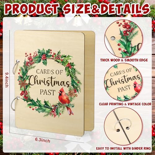 Wooden Christmas Card Organizer Merry Christmas Greeting Card Holder Xmas Holiday Post Cards Keeper Wood Memories Book or Binder for Storage Keepsake Album Photo Notes Gift Winter Past