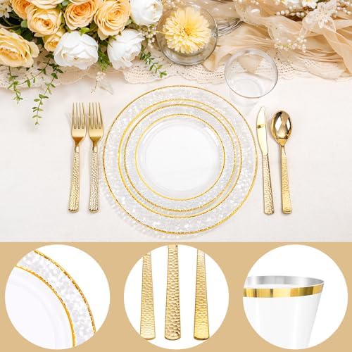 Ciaell 150PCS Clear Gold Plastic Plates - Disposable Gold Rim Plates include 25Dinner Plate, 25Dessert Plate, 25Forks, 25Knives, 25Spoons, 25Cups for Wedding & Party (Pack of 2)