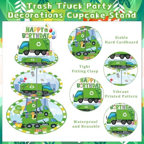 Keluna Trash Truck Birthday Decorations - 3 Tier Garbage Truck Cupcake Stand for Boys Birthday Party Table Decor, Trash Truck Party Supplies Dessert Cake Holder