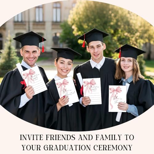 Pink bow Graduation Invitations 2026 with Envelopes - 20 Pack Class of 2026 Graduation Party Invitations, 4x6 Inch Fill-in Graduation Announcements for High School or College - A12
