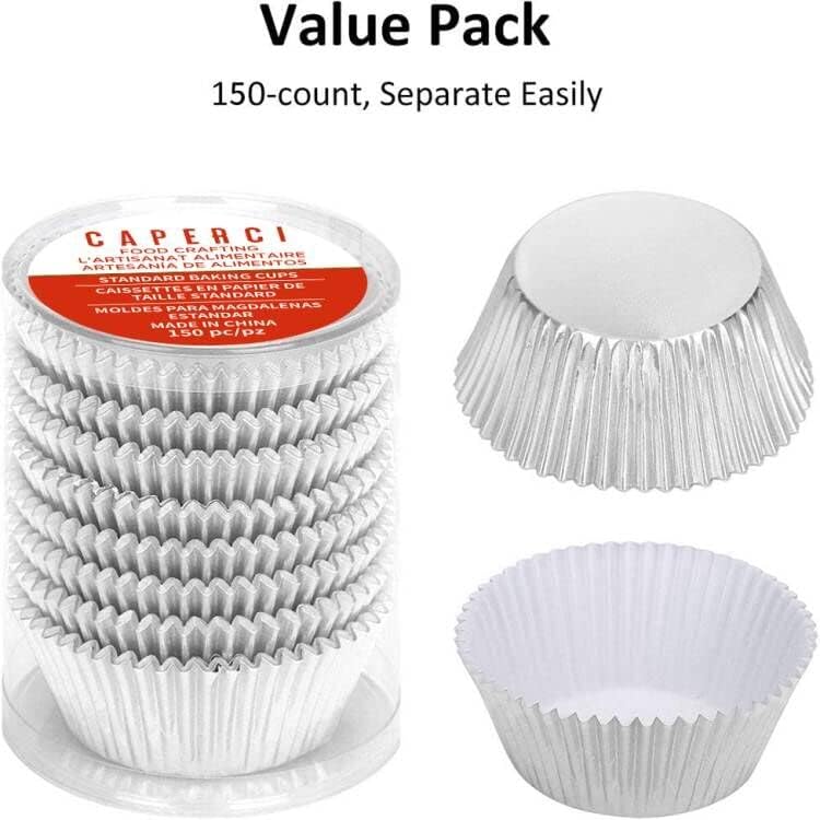 Caperci Premium Silver Foil Cupcake Liners Standard Muffin Cups 150pcs