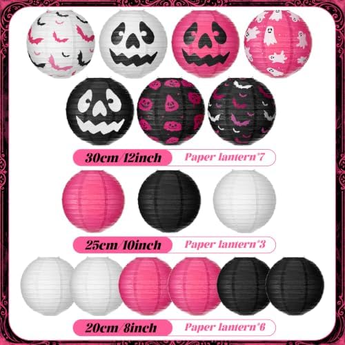 Bencailor 16 Pcs Halloween Paper Lanterns Ghost Bat Pumpkin Halloween Party Paper Lanterns Black White Red Round Hanging Party Decorations for Holiday Indoor Outdoor Decor