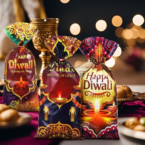 Yexiya 100 Pcs Diwali Halloween Cellophane Treat Bags with Ties