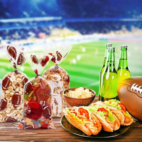 DIYASY 150 Pcs Football Cellophane Candy Bags, Clear Football Gift Treat Bag Plastic Goodie Snack Bags with Ties Sports Theme Party favors Supplies